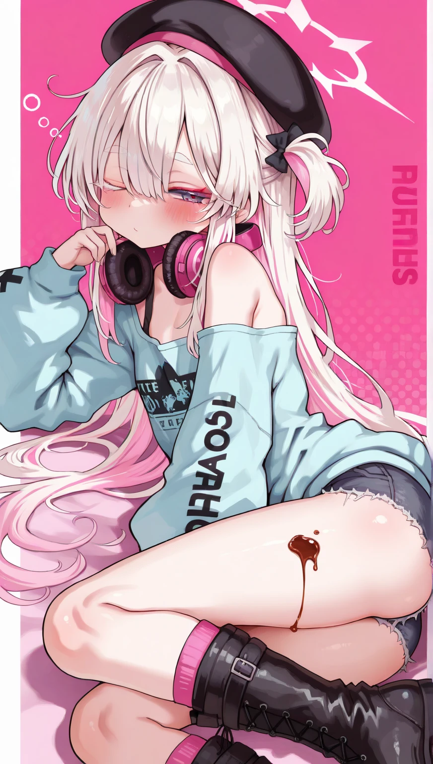 Skinny, light faded long pink haired girl, wearing a white shirt and shorts tired, wearing glasses, older, in a position dick in her mouth, blowjo sex