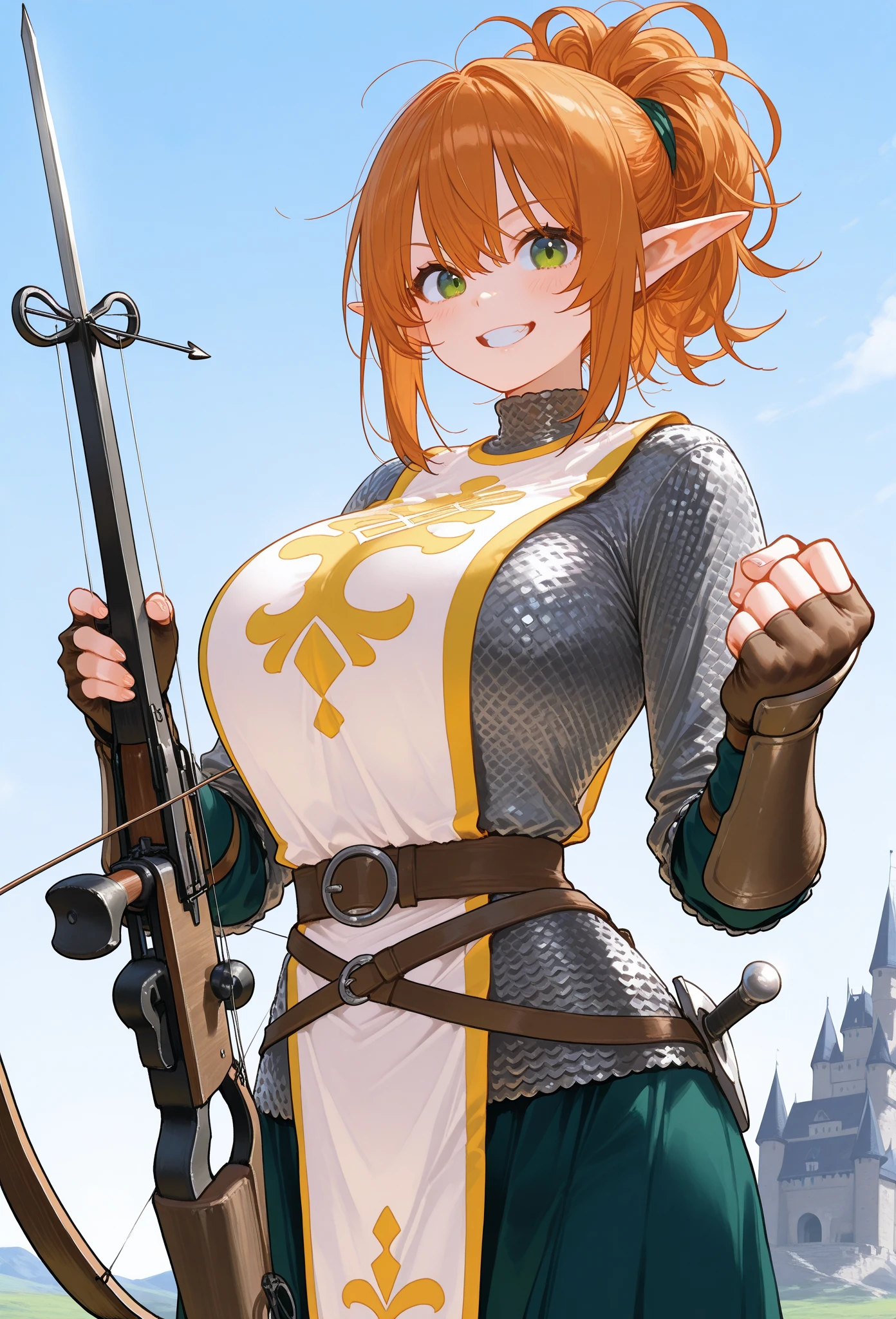 (watercolor: 1.2), warrior, bangs, redhead, short hair, green eyes, hair between eyes, blurred background, high resolution, large breasts, full body, fantasy, medieval --auto --s2