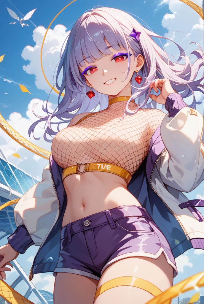 young girl, multi-colored hair, Short purple hair with yellow tips, Fox ears, blue eyes, Smile, open belly, Purple T-shirt, Huge-breasts, red tattoos, Shorts, Masterpiece, hiquality, 4k, HD, Good detail