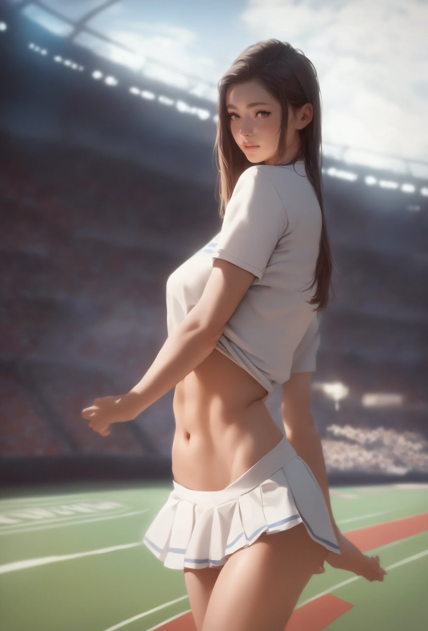 Female Athletes, ((masterpiece, Highest quality, Best image quality, High resolution, Realistic, RAW Photos, 8K)), ((非常に詳細な CG 統合 8K 壁紙)), (Huge and stunning goddess shot, Very hot and sexy, Incredible beauty, Perfect proportions, Beautiful body, Slim body beauty:1.4), Female Athletes on the track, スポーツブラを着用したFemale Athletes, trunks, shoes, Sweaty, White running sweatshirt, Outdoor, On a very hot day, Keep your hands on your hips、stand with feet apart, Look up at the sky, From behind, Amidst enthusiasm and cheers, With the right hands and fingers, Detailed skin and sweat,Showing off pussy、With bangs、(Cowboy shot from below:1.1)、Race number、School name on bib、Company name on bib