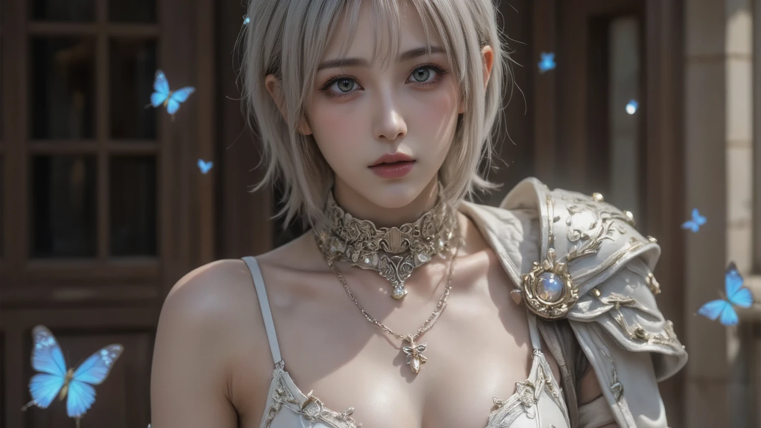 Dark ambiance,old European townde in the background、white wolf、 ((highest quality、masterpiece、8k、best image quality、ultra high resolution、Award-winning work)、(accurate anatomy:1.1)、(look at me and smile:1.1)、Shining fair skin with ultra high resolution、most detailed face、ultra high resolution detailed face、white short hair flowing 、Beautiful face drawn in every detail、(blurred background:1.1)、traditional Georgia man costume, tiny breast, real wolf beside the girl