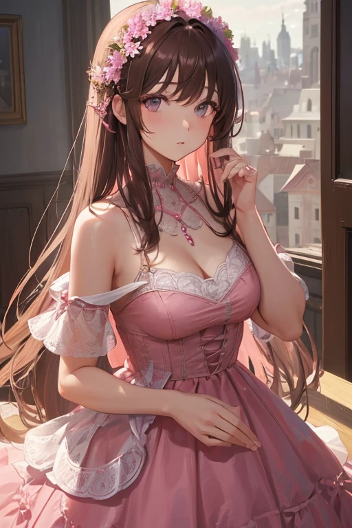 Best Quality, Masterpiece, extra high resolution, (realistness: 1.4), Original Photo, 1girl, Pink off-the-shoulder, Cinematic lighting