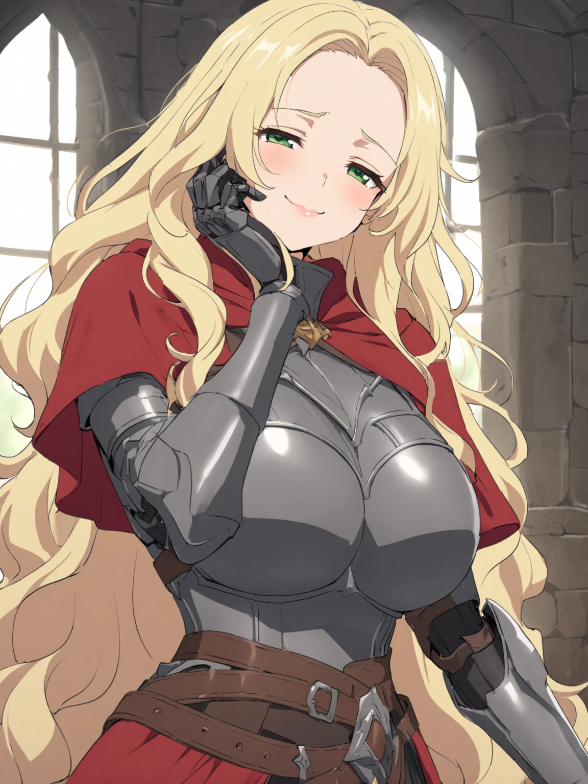 {{upper body}} {{Artist: sincos}} ight blond hair, green eyes, very long hair, curly hair, open forehead, smile, big breasts, full armor, iron armor, red capelet, leather belt, half-closed eyes, mechanical arm, tareme, hand on own cheek, waist cape, tall woman, lips, pov, medieval fantasy.