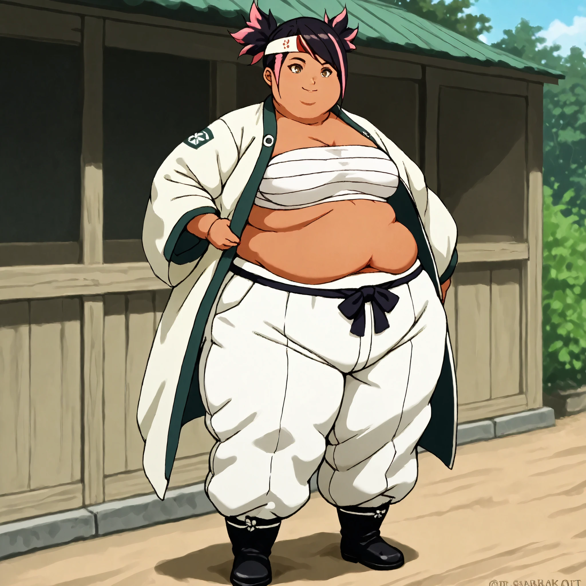 masterpiece, best quality, score_9, score_8_up, score_7_up, score_6_up, outdoors, 1girl, miko nakadai, short hair, black hair, pink hair, multicolored hair, two-tone hair, twin tails, streaked hair, brown eyes, dark skin, female focus, solo, white jacket, white pants, headband, short hair, smile, black footwear, coat, crop top, midriff sarashi, sarashi, full body