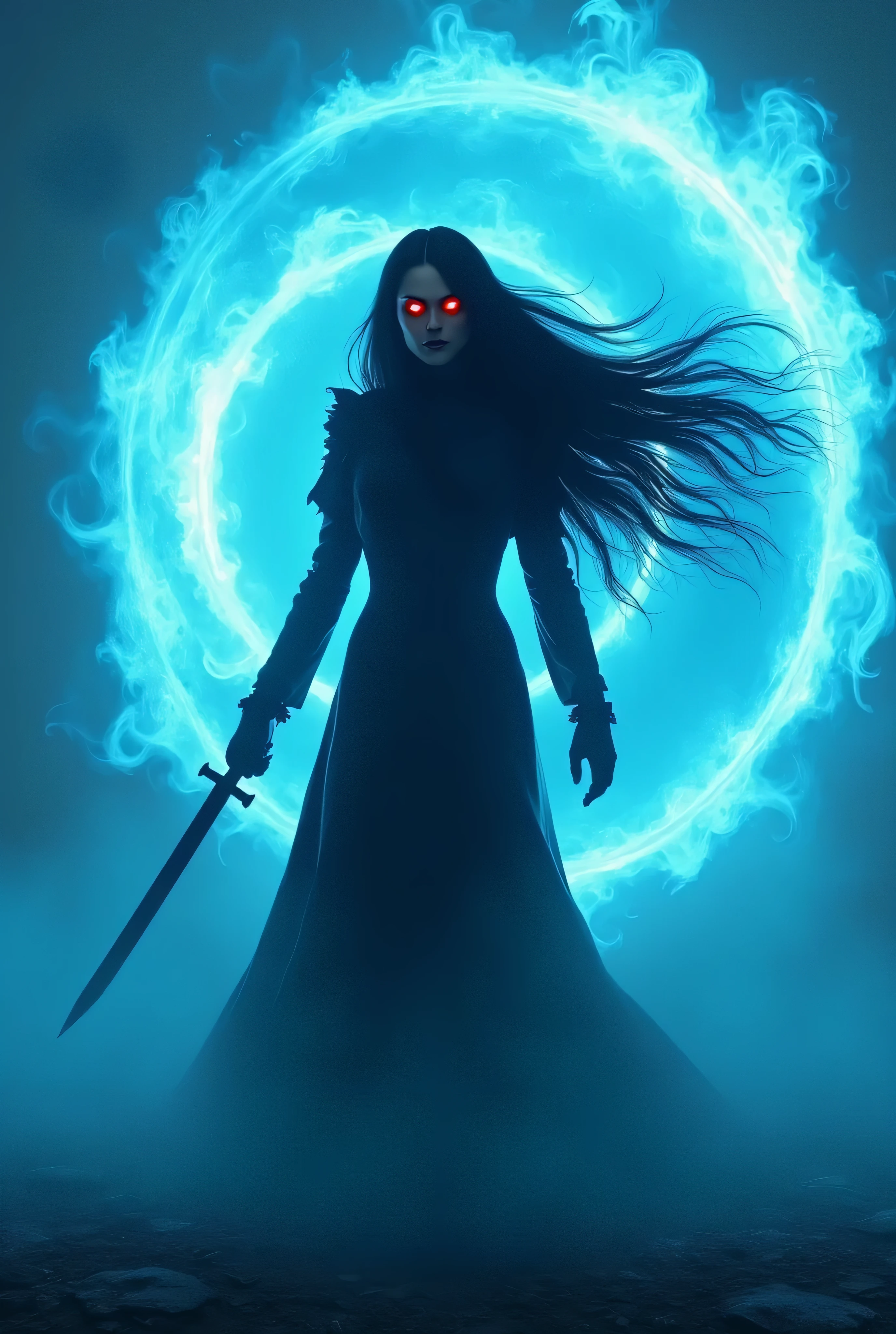 on the ground, a blue smoke begins to rise, forming an almost technological whirlpool. Then, the woman appears before your eyes. Her long, black hair dances softly with the wind, as if an invisible breeze were touching them. Seus olhos, deep red like blood, They shine intensely. In your hand, ela segura a adaga, ready to destroy everything in their path.