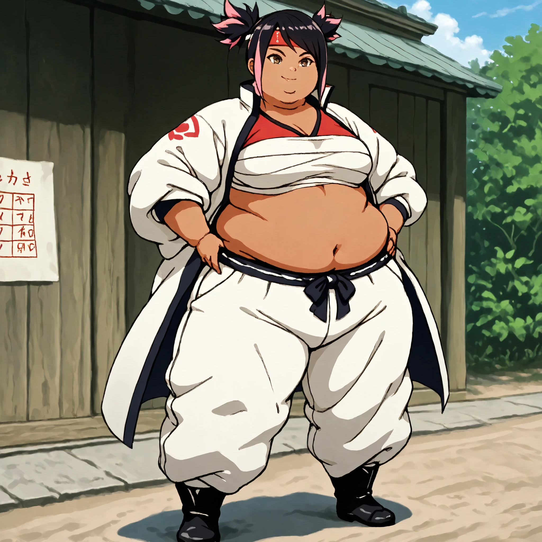 masterpiece, best quality, score_9, score_8_up, score_7_up, score_6_up, outdoors, 1girl, miko nakadai, short hair, black hair, pink hair, multicolored hair, two-tone hair, twin tails, streaked hair, brown eyes, dark skin, female focus, solo, white jacket, white pants, headband, short hair, smile, black footwear, coat, crop top, midriff sarashi, sarashi, full body