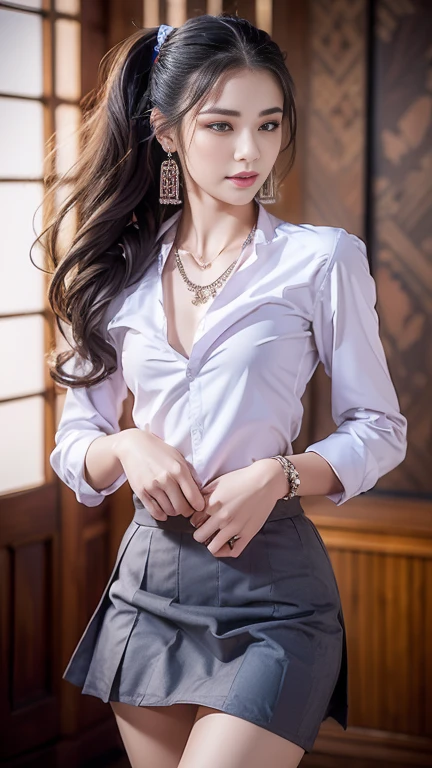 ((highest quality、masterpiece、Ultra-high resolution、8K、UHD))、1 girl、Delicate face、Detailed eyes and face、double eyelid、Pretty Face、Tall and beautiful woman、Long, slender legs、Slim and stylish、bewitching and sexy woman、Obscene、Erotic、(Semi-transparent shirt with collar:1.1)、(Slim Abs:1.1)、(Light purple skirt:1.2)、((Shiny silk pantyhose))、High heels、Cleavage、Modern architecture in the background、Detailed Background、Tiffany Necklace、Earrings、bracelet