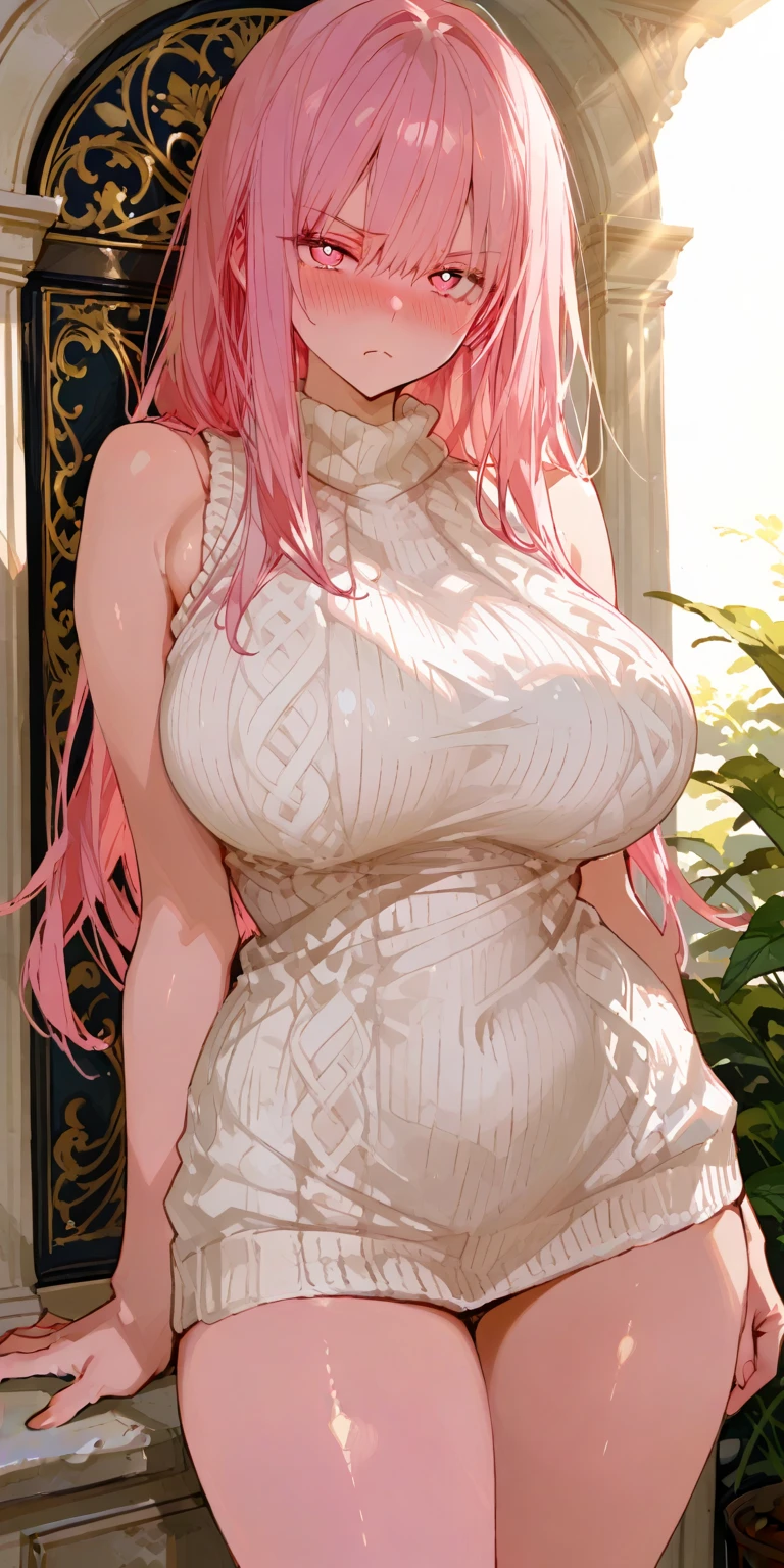 Large breasts, Cute girl, big sized breast, white apron, sleeveless, ultra realistic eyes , garden outside, pink cooler hair, bright green eyes, ultra realistic detailed eyes, innocent eyes, looking at camera, long hair,