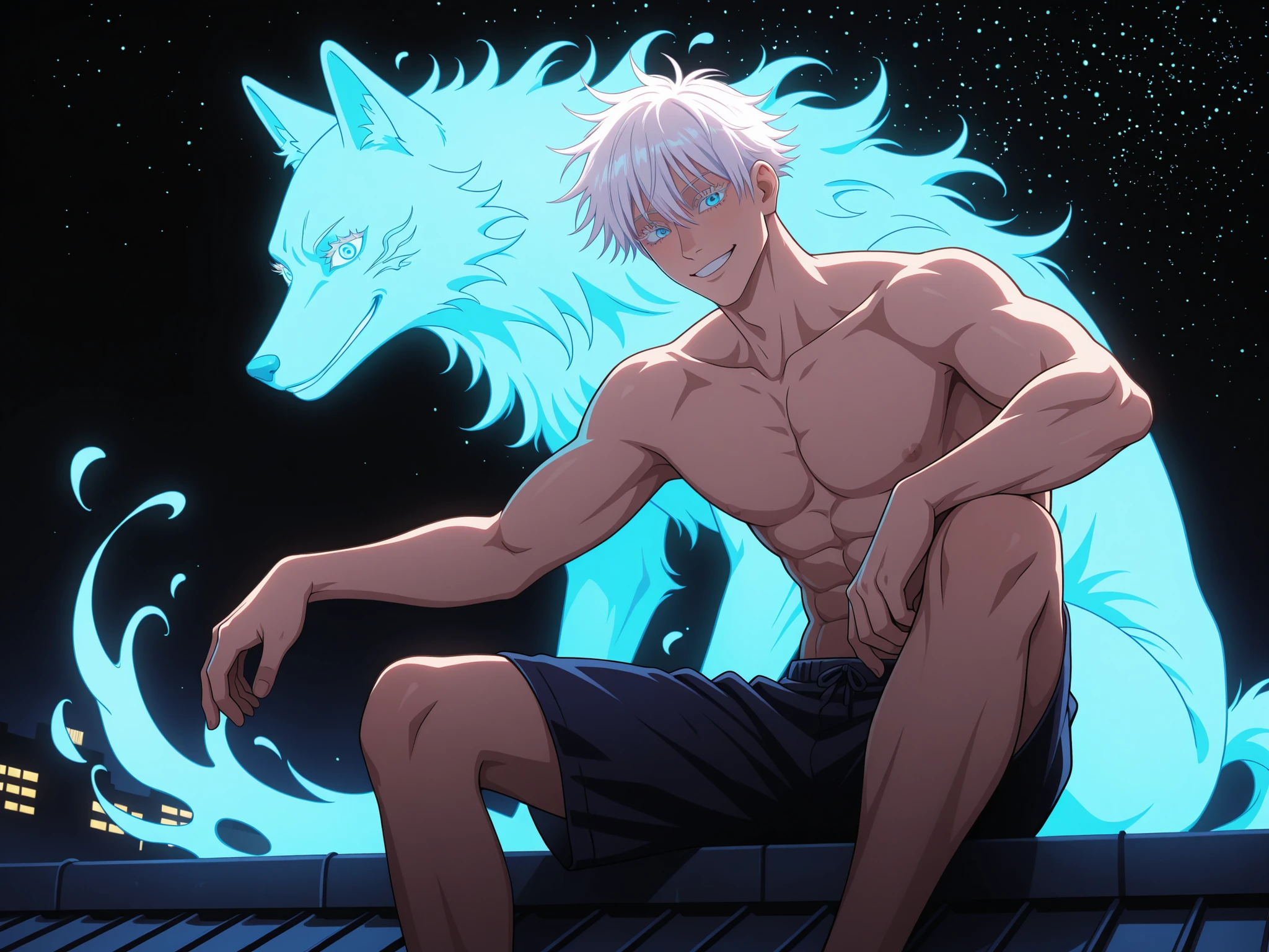 1man, adult, male focus, gojou satoru, jujutsu kaisen, white hair, short hair, ((hair between eyes)), colored eyelashes, white eyelashes, blue eyes, intricate eye iris, detailed eyes, muscular male, sexy man, handsome man, handsome face,
hoddie, shorts, smiling, ((blue neon wolf spirit)), sitting on a rooftop, soft, neon aesthetic, neon colors, glowing, glow effect, vibrant colors, high contrast, fluorescent, luminescence, light effects, chromatic lighting, colorful lighting, bright outlines, neon lineart, dark background, digital art, black background, starry night,