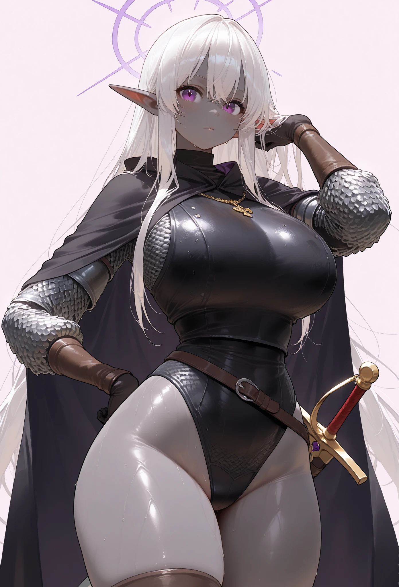 beautiful woman with short white hair, orange inferno eyes, wolf ears and a braided ponytail. She is wearing a revealing, sexy, fantasy knight armor with legplates. Her body is muscular and she is incredibly sexy. Her eyes are orange. She has strong, muscular arms and thick thighs. Wide hips.