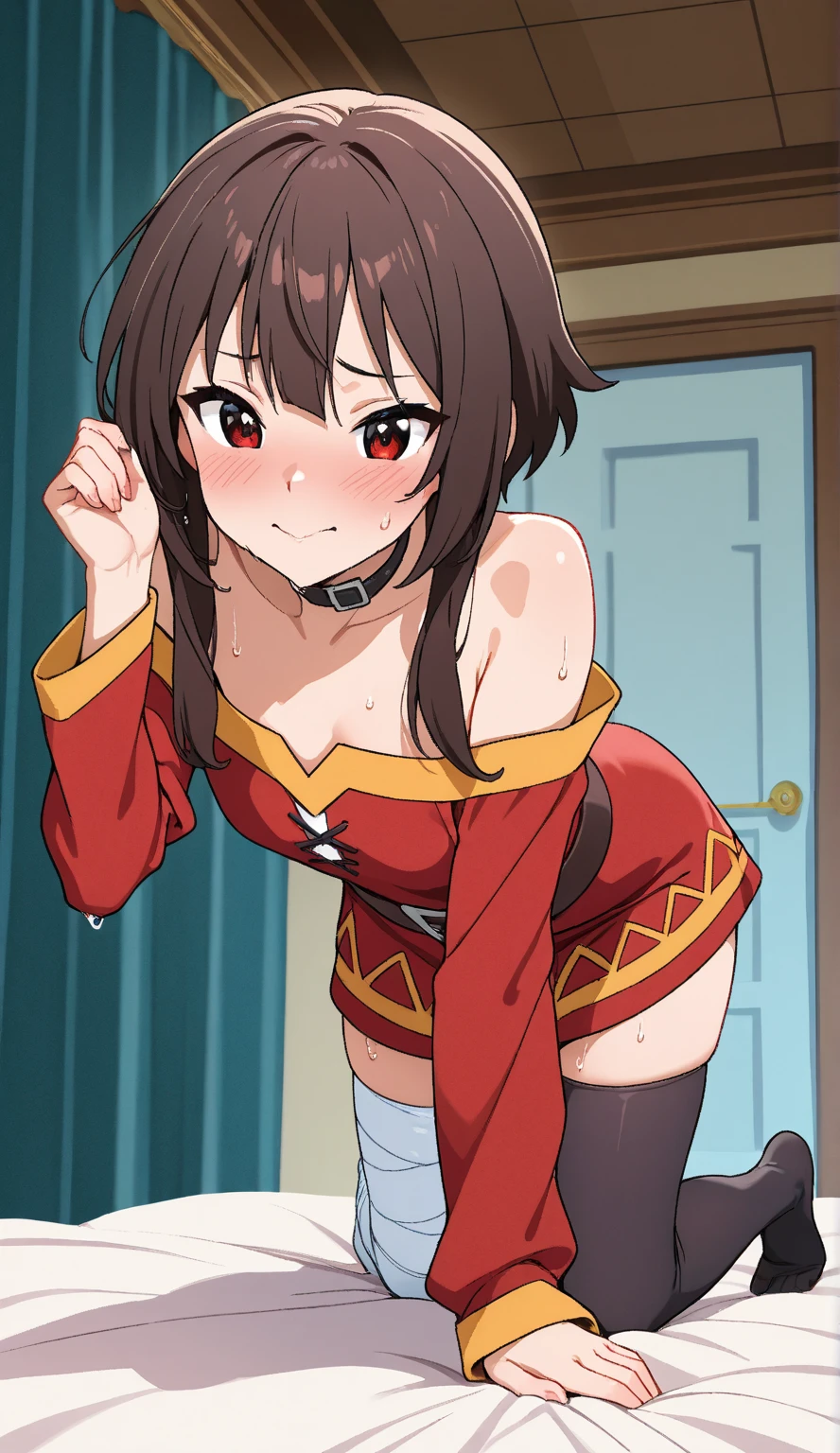 NSFW、anime、very cute、15 years old、((Megumin))、1 girl、Red long sleeve shirt、Black Skirt、Sex with Kazuma、((masterpiece))、(((Pussy)))、(((Love Juice)))、(((Sweat)))、(((Sweat染み)))、(smile)、(((odor)))、(((Body odor)))、((Black adult panties))、(((Covered in bodily fluids)))、足裏からodor