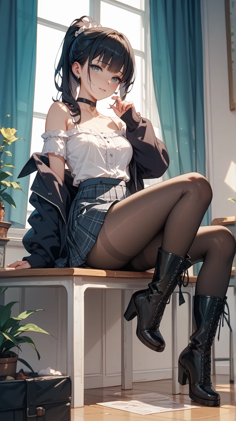 (masterpiece), 4K,woman,president,Small breasts,Small Ass,Black hair bob cut,Natural light,Realistic, skinny, Amis Stockings,smile,sit,((Knee-length pencil skirt)),Negotiating