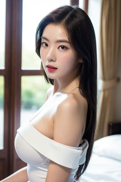 close-up of beautiful Chinese, Ningning is a AESPA South Korean pop girl group, age 22 years old girl, youthful face, perfect body, white body skin, very rapunzel long hair, standard black hair, straight hair, 32 inches breasts size, wearing a plain standard light white off shoulder long sleeved t-shirt, wearing a tight plain standard light white mini short leggings, sexy looking pose, pose a naughty look, pose looks seductive, at the boyfriend bedroom, boyfriend bedroom background, UHD