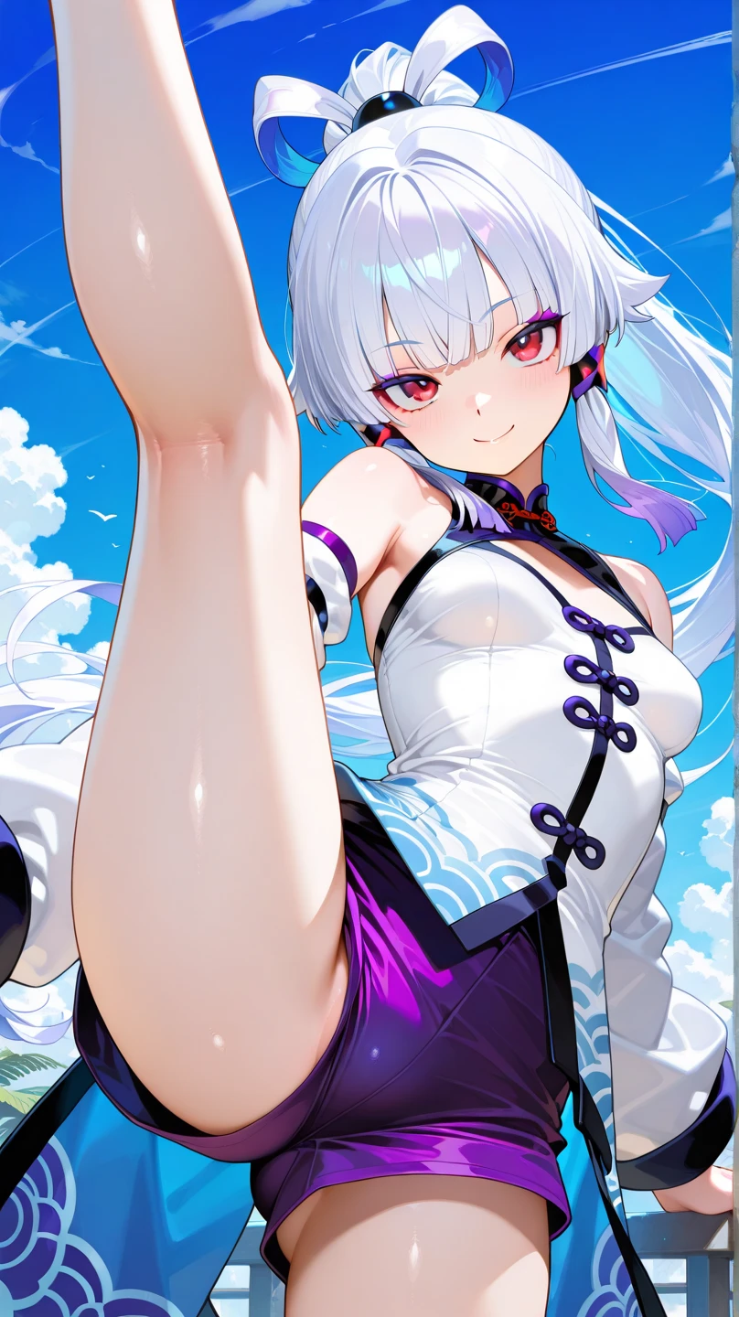 masterpiece,best quality,<lora:ClearHand-V2:1>,front view,portrait,1girl,baobhan sith \(fate\),solo,black_background,huge filesize,highres,(((solo))),(china_dress:1.2),1girl,unbuttoned clothes,eyeshadow,medium breasts,white hair,mature_female,(slit_pupils:1.1),pale_skin,long bangs,closed mouth,bangs,blunt bangs,slender,(streaked hair:1.1),looking at viewer,bare shoulders,white pantyhose,(seductive_smile:1.1),crossed_legs,barefoot,blush,(chin_rest:1.1),<lora:HagiSDXL:1>,