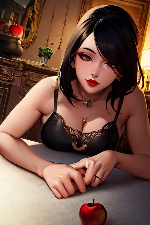 Chubby girl with black lipstick on her lips, Light aristocratic skin, Very sheer turtleneck with black lace top with neckline, black and red skirt with hanging chain, Brown curly hair, Brown eyes, Long bangs,  (Best Quality)+, Masterpiece+ [(BST Quality)1.3, (hiquality)1.3]