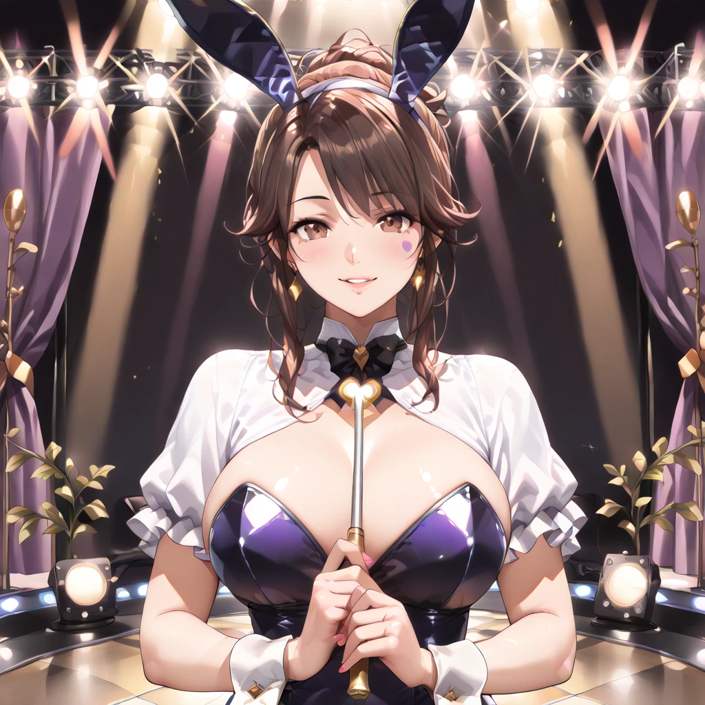masutepiece, Photorealistic, very high res, Hoshino Ai, Long hair, Purple hair, striated hair, Purple eyes, star-shaped pupils, Hair Ornament, Concert venue stage, Light up to the stage, Transparent pee, Pee in a wine glass, Splash , excited expressions, Completely nude, Bunny Ear Cosplay, Fishnet Thigh High Socks, Squatting,One girl looking down from below Solo Naked pubic hair Beautiful ,more_Details:1, more_Details:1.5
