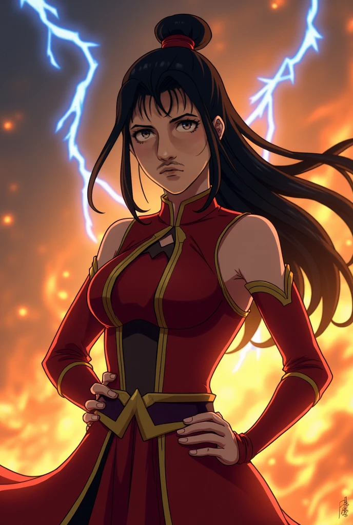 the legend of korra, female focus, solo, upper body, 1girl, human, witch, (medium breasts:1.1), (muscular, abs, biceps:0.8), (tan skin:1.1), red hair, (tattoos:1.1), blood red eyes, (scowling:0.8), half smile, ruby pendant, jewelry, red sleeveless shirt, cleavage cutout, black pants, belt, chain, indoors, (crystals:0.9), blood, ancient temple, sun symbol, (fire symbol:1.1), blood magic, stone altar, (runes:1.1), statues, pillars, underground, detailed background, DnD, <lora:the_legend_of_korra_v2_offset:1>