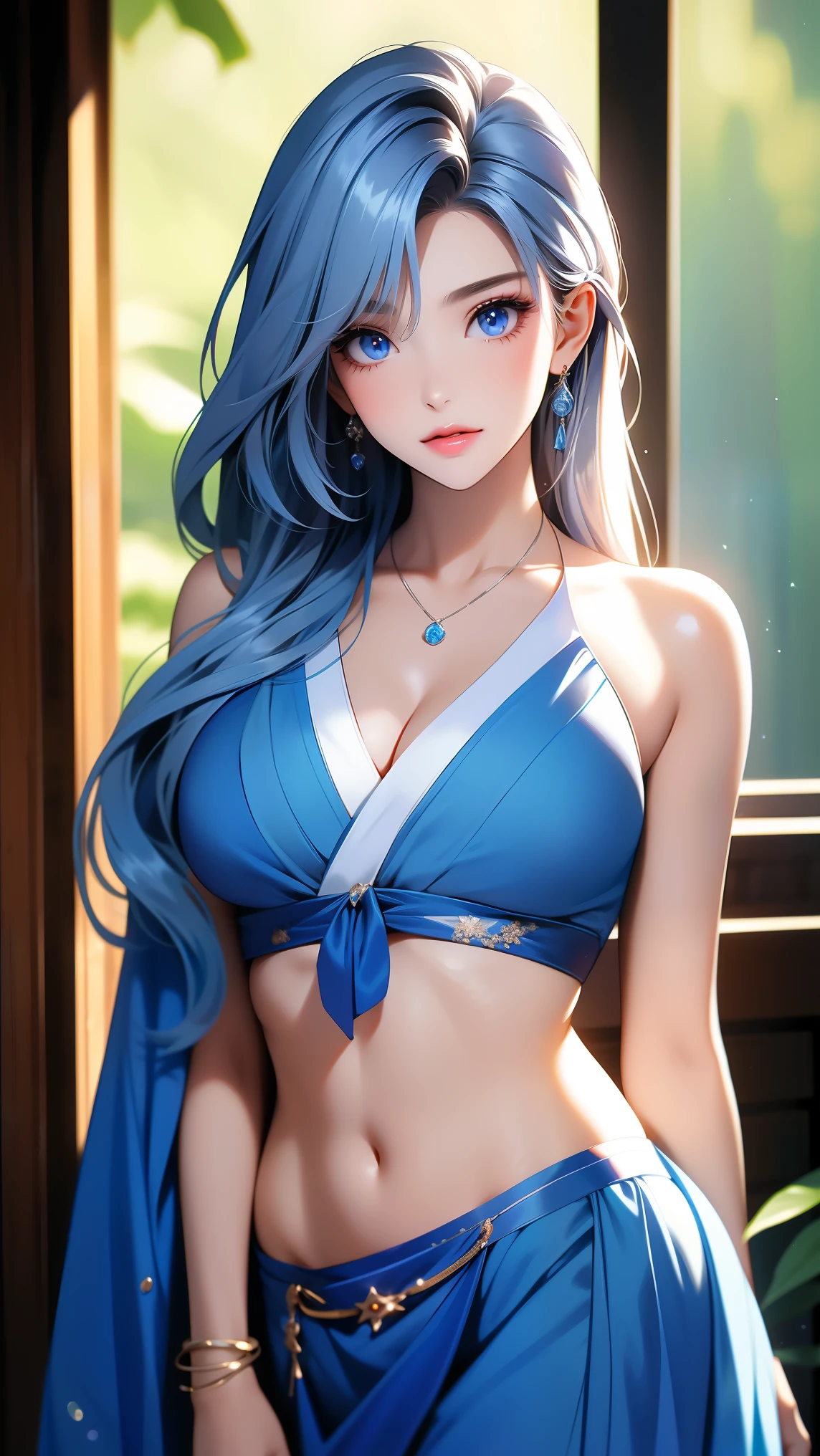(masterpiece:1.4), (8k, photorealistic, RAW photo, best quality: 1.4), japanese, (1girl), beautiful face, (realistic face:1.4), (blue hair, long hair:1.3), beautiful hairstyle, realistic blue eyes, beautiful detailed eyes, (realistic skin:1.3), beautiful skin, attractive, ultra high res, ultra realistic, highly detailed, golden ratio, (detailed face:1.4), looking at viewer, (realistic medium breasts:1.4), (underboobs:1.3), standing, hand on hip, transparent white dress, see through white dress, (braless:1.4), nipples_out, nsfw, futuristic ancient china city street, dynamic lighting, ponytail contorted, white chinese traditional dress, hair ornaments, necklace, jewelry, goku, supersaiyan,