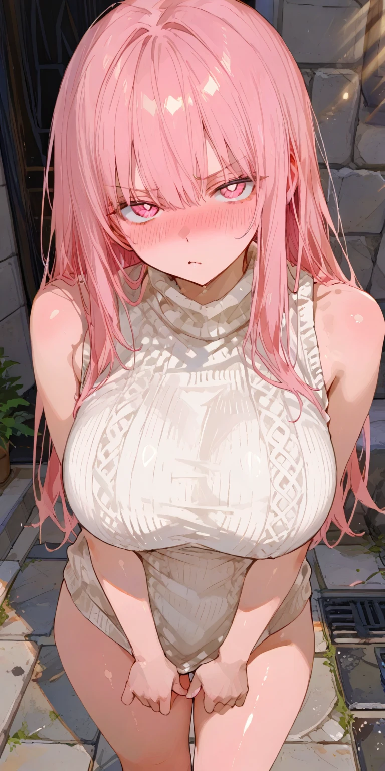 anime screencap, 1 girl, Upper body, megurine luka, pink long hair, nsfw, nude, embarrassed, breast focus, from front, beautiful face, cute, white background,