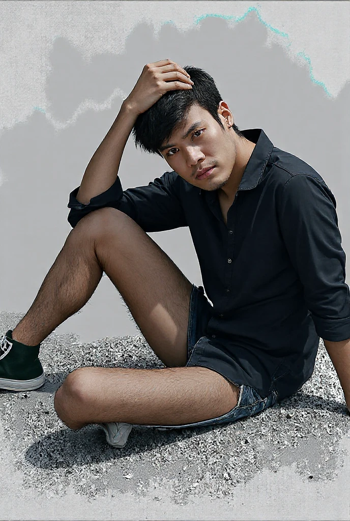 A man in his 20s wearing shorts with no leg hair, whole body, barefoot, Japan, black rimmed glasses, long legs, two block