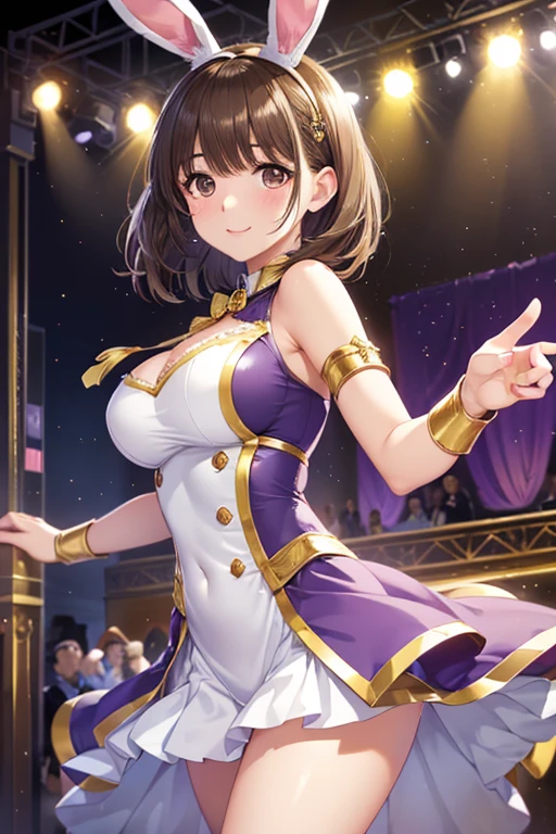 sexy dance show,(running:1.5),1girl,solo,special week \(umamusume\)),good anatomy, masterpiece, best quality,realistic, hyperrealistic, 16k hdr,happy Smile,(Live Stage),(see through costume:1.2),Stage costumes,Horse tail,sing a song,ultra miniskirt,navel,micro panties,clearvage,erected nipples,sweat,from below,large breasts,spread legs