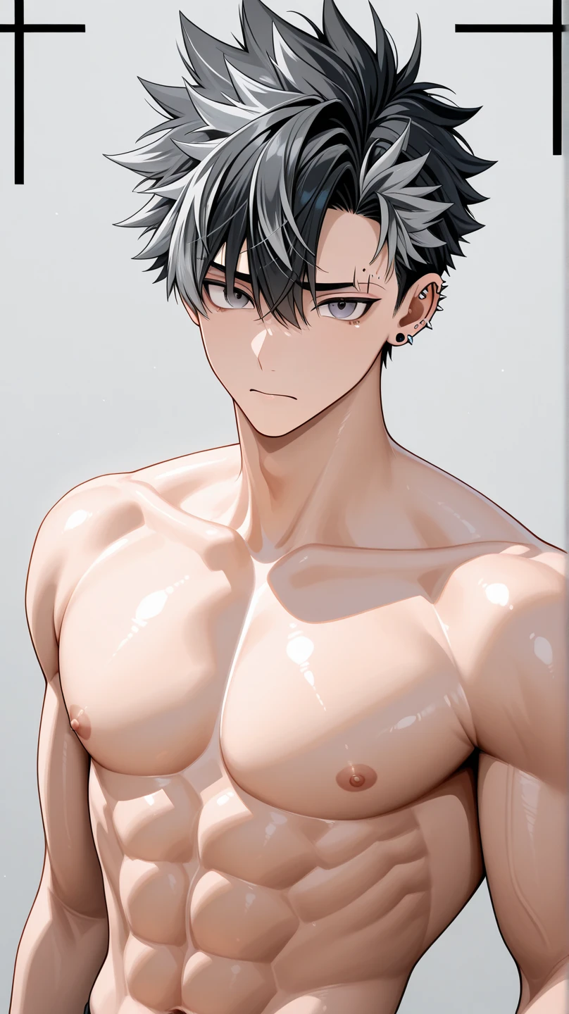 masterpiece, best quality, high quality, 1boy, solo, male focus, shirt off, asta, green eyes, black headband, grey hair, spiked hair, other hand behind head, open mouth, full view,