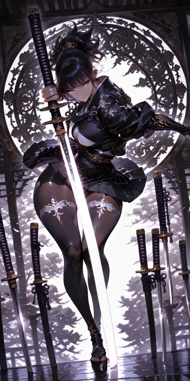 ((one-eyed blindfold)), holy paladin, scythe, dark Heavy armor, absurdres, RAW photo, extremely delicate and beautiful, masterpiece, Best Quality, ultra high resolution, 32k, hyperrealistic, ultra-detailed, detailed description, pale skin, 20 years old, tearful mole, earring, Colossal tits, short medium hair, wavy hair, evil grin, full body shot,