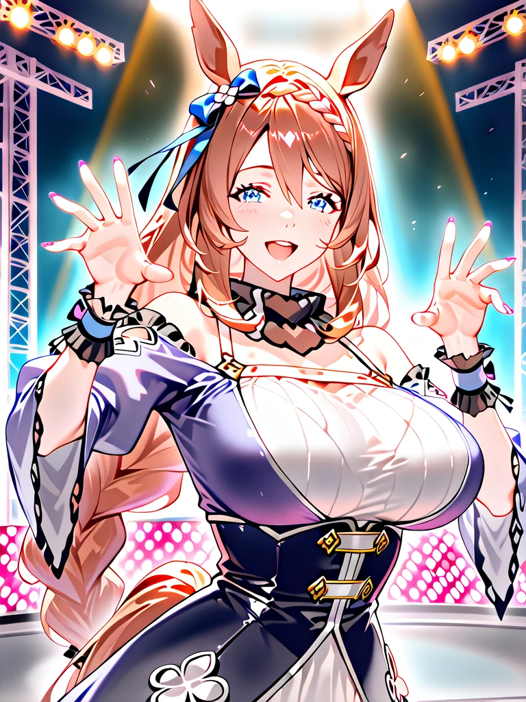 Her hair is tied up and placed over her shoulders in front of her chest brown hair, hair ornament, hair scrunchie, brown eyes, bow, bangs, hair bow ,, large breasts, live stage, solo nipple