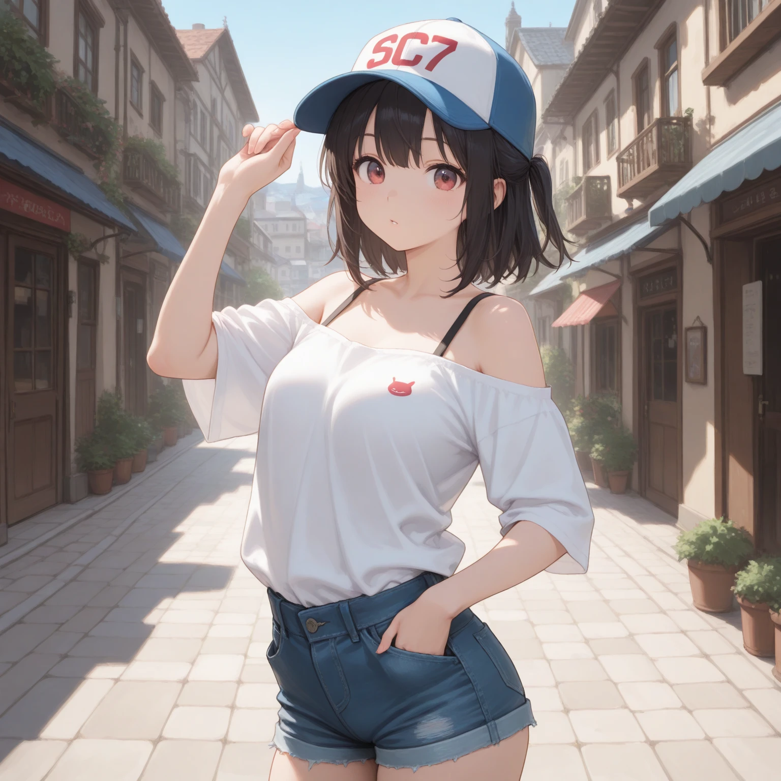 4K,highest quality,outside,pokemon trainer,,beautiful girl,weak々New,low length,,black hair,short twin tails,hat,baby face,Drooping eyes,No sleeve,white camisole,It's a bellybutton,too big,big breasts,denim shorts