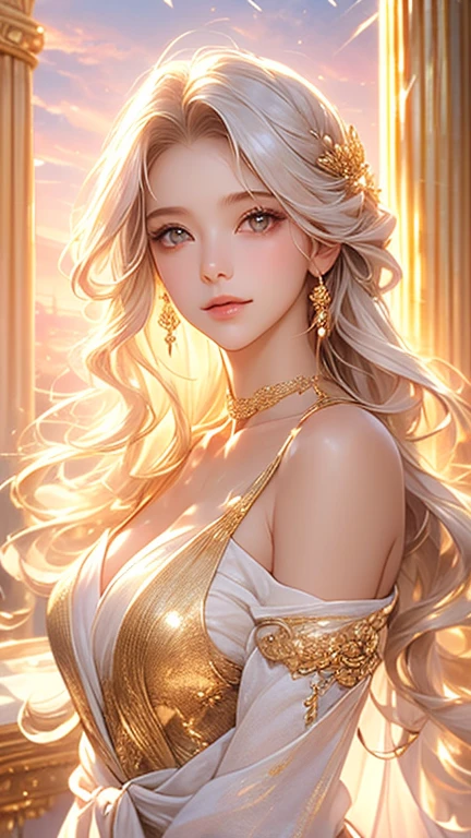 ((best quality)), ((artwork)), ((extremely detailed face)), ((perfect lighting)), ((extremely detailed CG)), ((perfect hands, perfect anatomy)), Sex/Gender= Female
Aliases= Dawnstar, Your Grace, Princess
Age= 20
Pronouns= Her/She
((Hair= Pure White, quite long, abundant))
((Eyes= Jewel Silver))
Features= Lean, curvy, ((ligh skin)) , younger , exceedingly beautiful, delicate features, full lips
Height= 5'5"
Clothing= Long sleeveless white dress greek style, wide gold necklace around her body to the waist.]