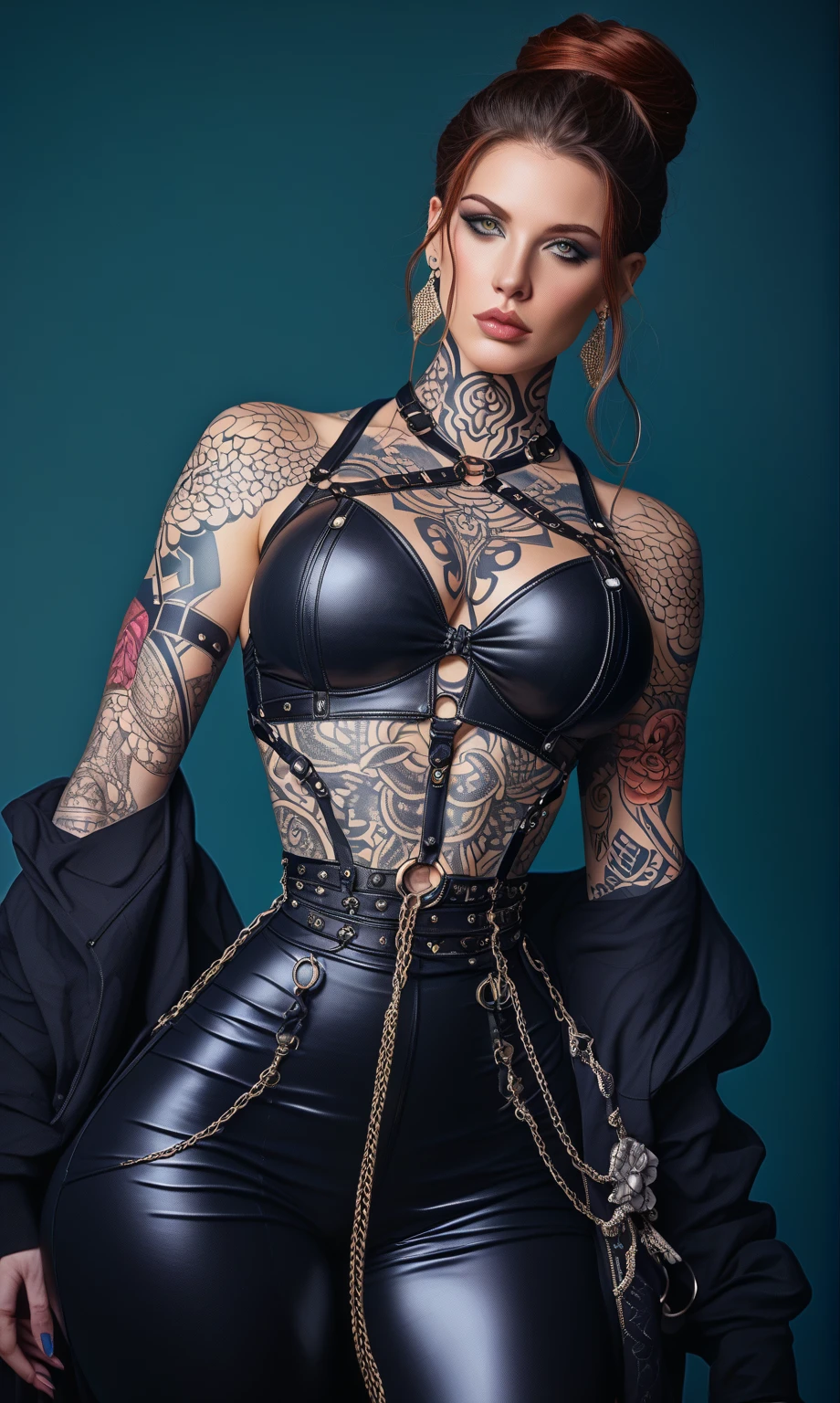 (full length portrait), full body portrait, wide angle, a woman in her late 30s, various modeling poses,(lower set breasts:1.4), (small perky bust), (whole body covered in colored skull and fractal themed tattoos), (bright, vibrant, multi-color tattoos:1.4), red bodycon dress, (pokie nipples), honey blonde hair in a messy bun, 8k,masterpiece,strong detailed,vivid colors,studio lighting,extremely detailed tattoos,extremely detailed face and body, Tower13_EvilBetty
