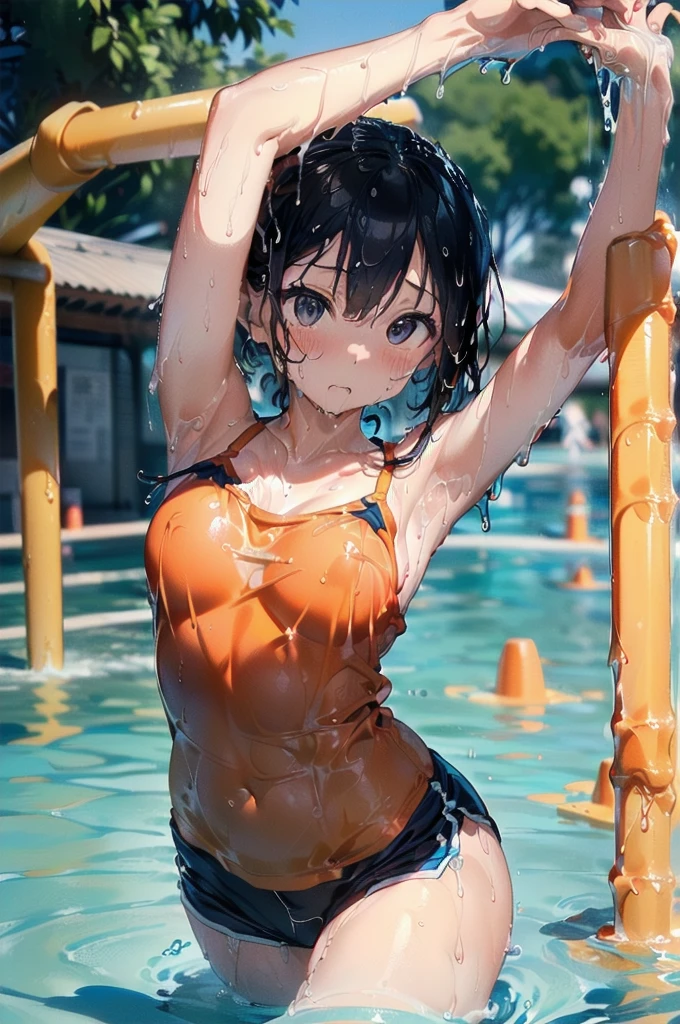 Orange swimsuit((Orange camisole,Navy blue piping),(Soaked with slimy liquid)),(Navy blue shorts),(A pool of slippery lotion),(Soaked with slimy liquid),Black Hair,Are standing,One beautiful girl,Big Breasts,Camisoles are available in any color other than navy blue,Shorts must be any color other than orange,Leaning forward,Cute eyes,Sulky face,身体中Soaked with slimy liquid(Sexy),Low Ponytail,,