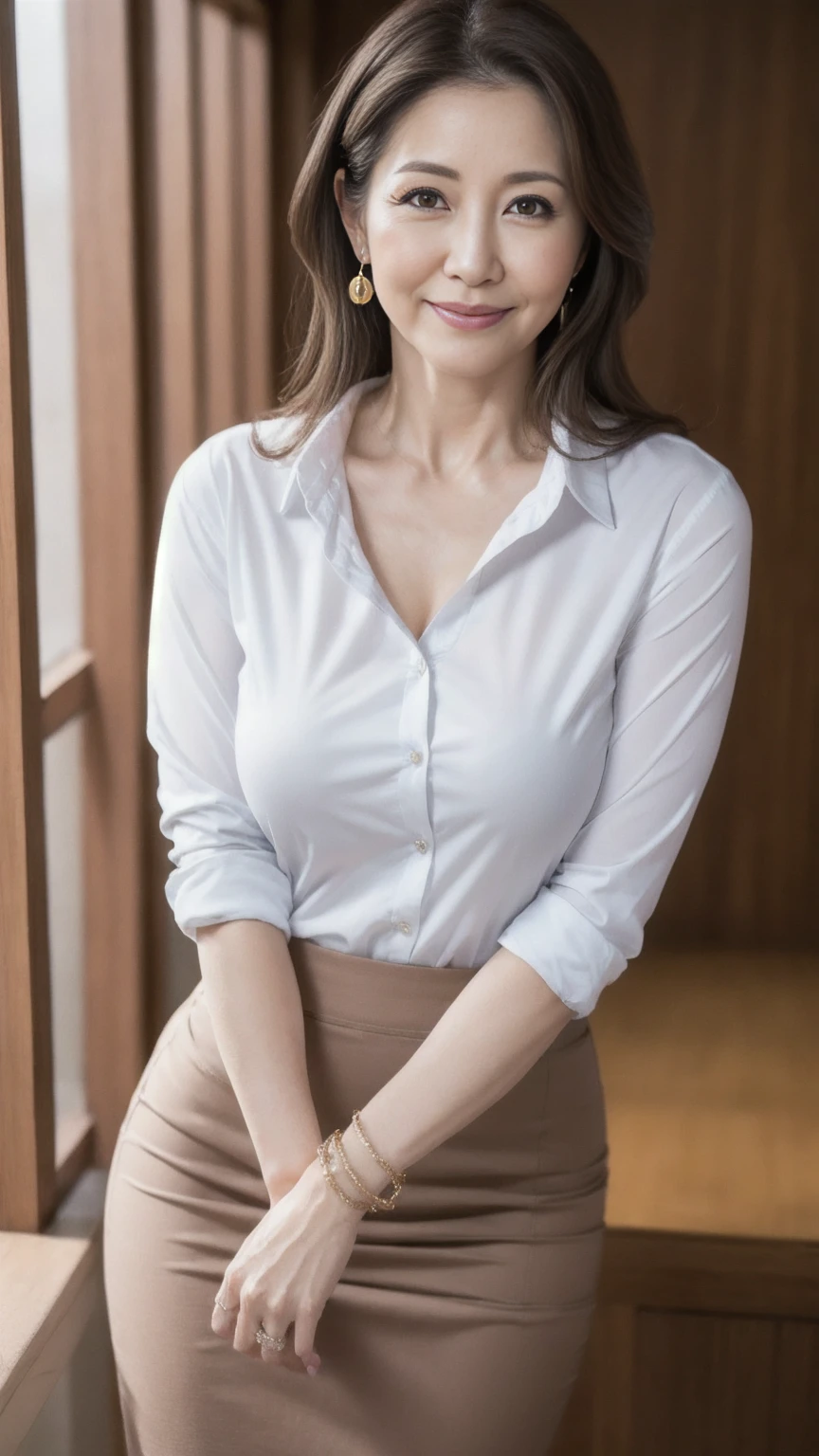 ((Highest quality)), ((8k)), ((masterpiece: 1.3)), (Perfect appearance), (Photorealism: 1.6), (JMA), (Who), (Genuine:1.4), 1 Mature Woman, Perfect Anatomy, 65 years old, ((Realistic skin texture)), (Fine lines on the skin), (Dull skin), (Facial wrinkles), (Wrinkles around the eyes), double eyelid, Tear bags under the eyelids, (corner of the eye), Thin eyebrows, Medium Long Hair, A gentle smile, (secretary), ((Standing posture: 1.3)), (Office: 1.2),