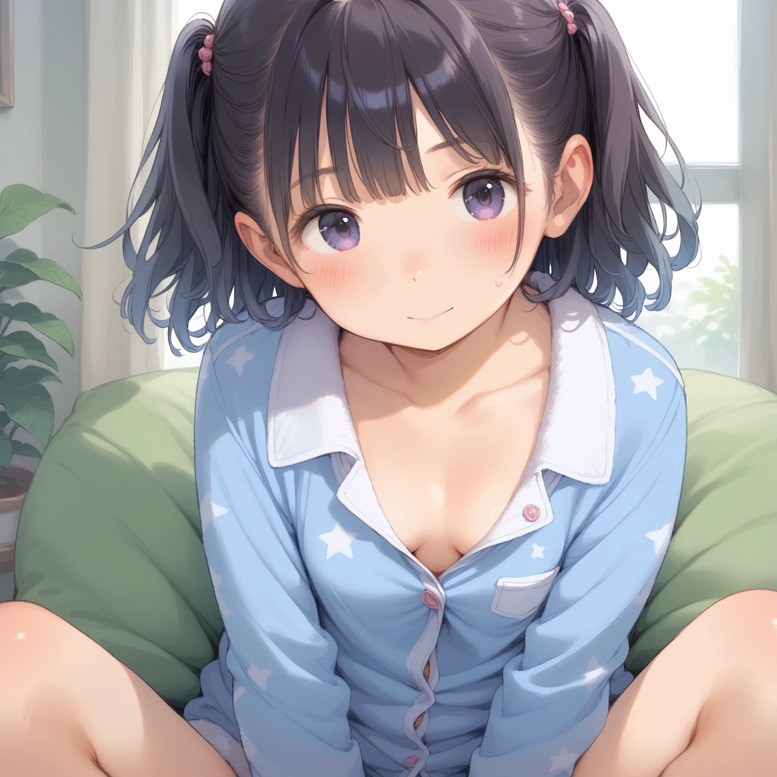 My Room、Cute room with a girl、Girl with braided black hair、Hair length is around chest、T-shirt and panties、The girl is lying face down on the bed、The girl is looking at a magazine、Defenseless、Panties are visible、smilingly、smile