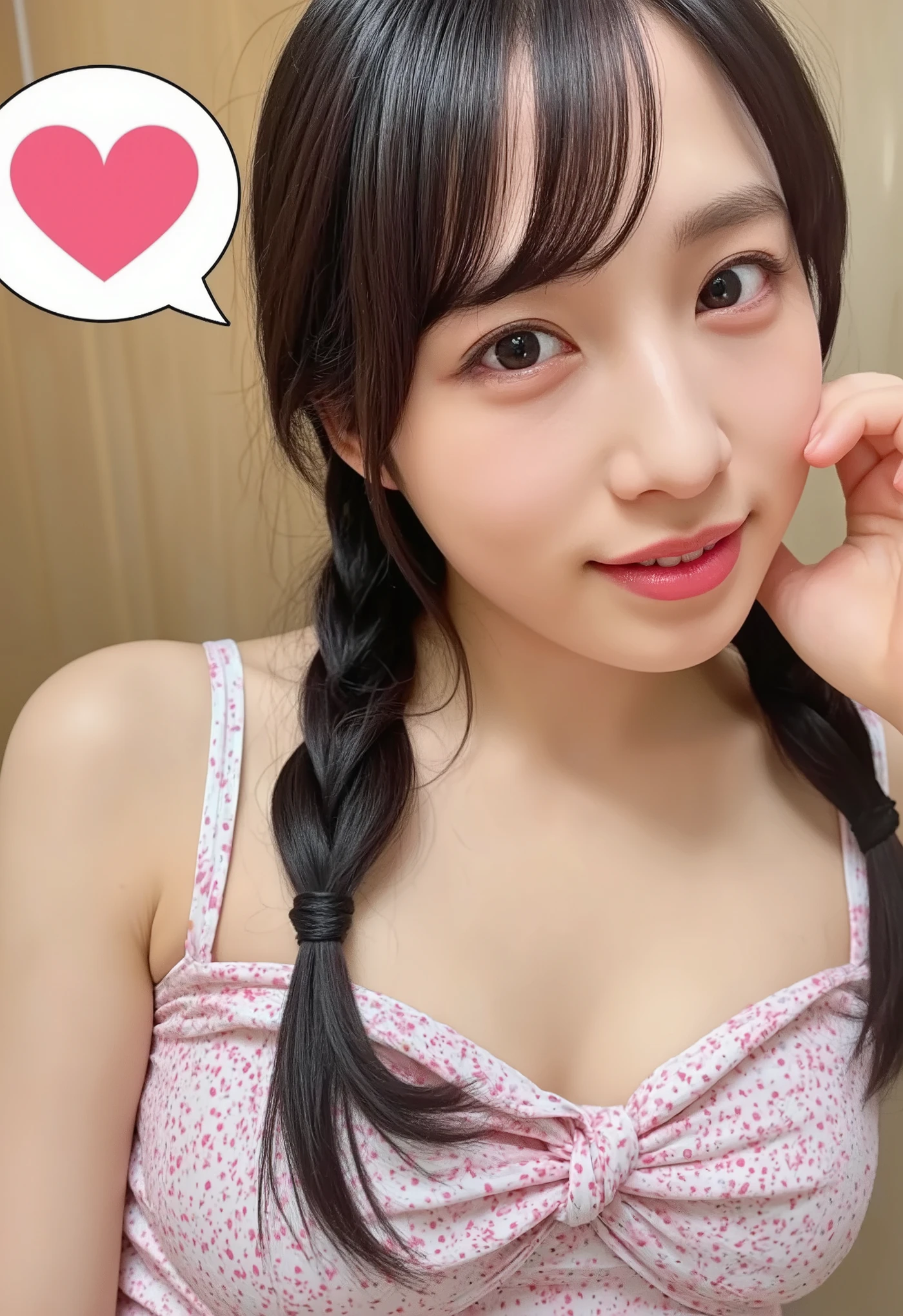 8K, masutepiece, Beautiful Model Girl, 38 years, (((adorable girl))), skinny, thin waist, (flat-chest), heart shape face, ((smile showing teeth)), Big eyes, eye make up, eye line, ((Swimsuit)), (((light braided hair))), (hair ponytail),, Cute angular face, very excited, Thin body, skinny body, Small chest, , relaxed on bed, laying on stomach, , Playful, Big smile, ((Small chest)), Full body, (((Top-down camera angle of a girl looking up at the camera))),