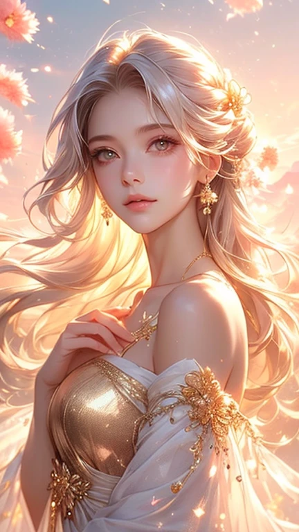 goddess Alluring Japanese style Golden kimono Long Hair Silver Hair Gorgeous large flower hair ornament Golden halo Big eyes Pink flowers background Like a fairy Smiling