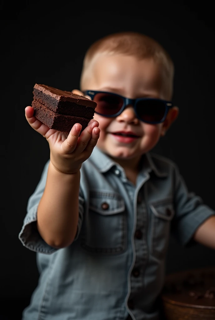 guttonerdvision6, award-winning full-length portrait of a happy 3-year-old boy wearing glasses, center of image, looking at the viewer, (((face skin and pores)) (((detailed))). He's eating a chocolate bar and his face is smeared with chocolate, Intricate scene, realistic, cinematic, 8k, realistic