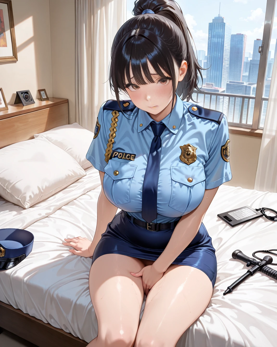 Browsing Caution,((highest quality)), ((masterpiece)), (detailed),sexy,A female police officer with a troubled face in heat,Black hair ponytail,A short blue uniform showing her navel,Black pleated skirt,Pink and white striped panties,Pink Bra,