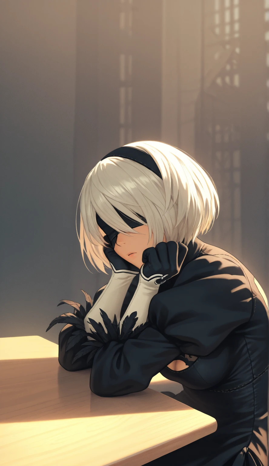 score_9,score_8_up,score_7_up,
yorhaxl,white hair,black blindfold,short hair,black choker,lips,mole under mouth,
standing,black gloves,black shorts,leaning forward,open mouth,
long sleeves,black jacket,buttons,
deserted school yard,fog,grass,
