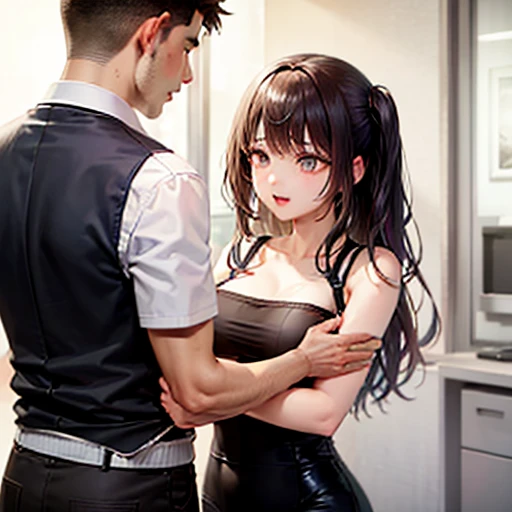 top-quality tmasterpiece Male and female couples The male sits in a chair,Wear tight skirts and shirt, woman kneeling in front of man, man sitting on a chair, woman in front of his crotch, Boy in high school trouser uniform,The hairstyle cut for mashed potatoe, girl in a sexy maid dress, sexy thighs