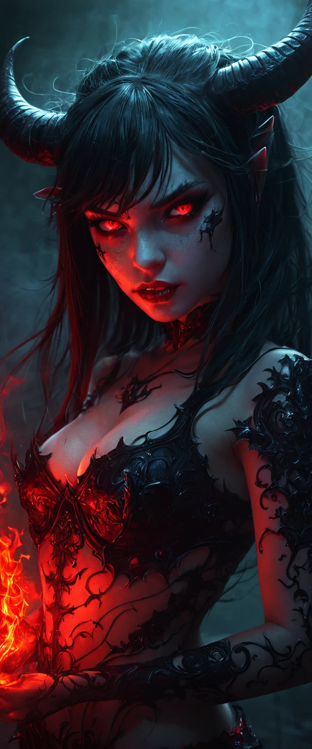 Depict a woman who embodies temptation and corruption. Imagine her as a succubus, luring a man into a realm of forbidden desires. She's draped in shadows, her form barely visible. Her eyes glow with an unnatural light, and she extends a delicate hand towards the man, her touch promising both pleasure and damnation.