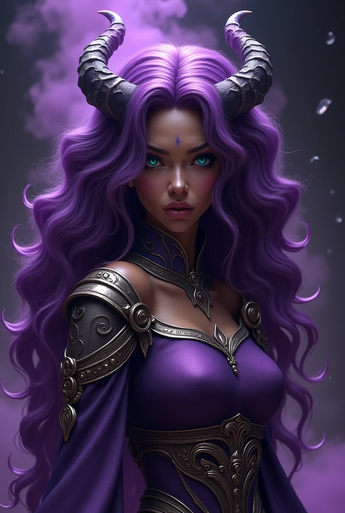A demon woman with purple fire, long purple hair, it will wear purple clothes with fire and a shiny golden belt, it will have two horns 