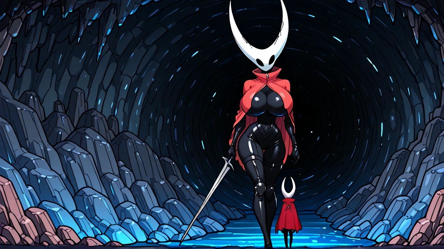 hornet, cute, chibi, no feet, furry female, anthro, needle weapon, thread, standing, solo, red bodysuit, skinny body,, big breasts, (best quality), (detailed dark cave background:1.2), looking at viewer, holding weapon, flat colors,
