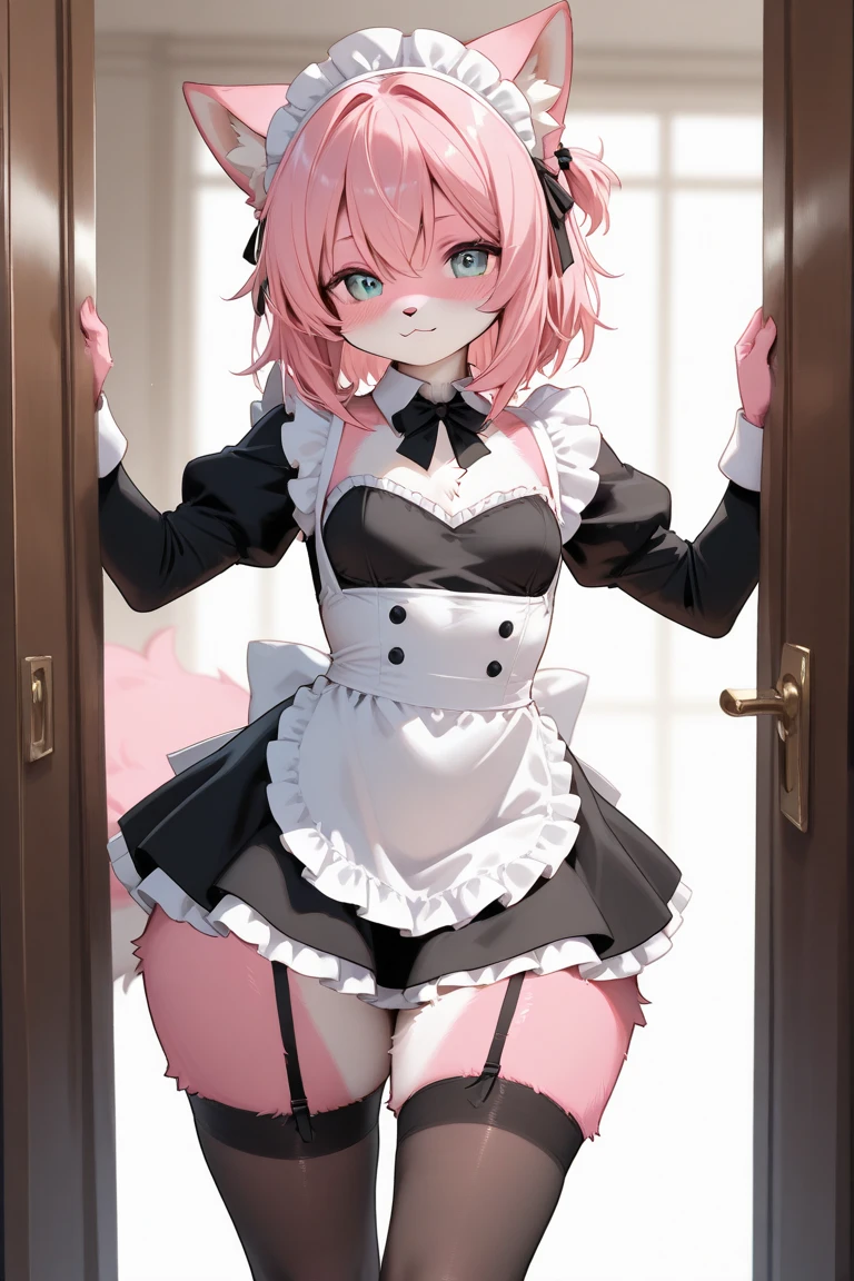 quality\(8k,Extremely detailed CG unit wallpaper, masterpiece,high resolution,top-quality,top-quality real texture skin,Surrealism,提high resolution,RAW photos,Best quality,Very detailed,,light,Ray Tracing,Golden Ratio\),Kneeling posture,Kneeling posture,furry,hairy,hairy,hairy,Close-up shot from waist up,Maid headbands,Lace,Pink fox boy,shota,Big Ass,Kneeling,Maid costume,apron,cute,Short skirt,shorts,Pants,Tights,Content Review,No objectionable content,hairy big tail,Fox Tail,Hip bulge,Bulge between the thighs,Hip bulge