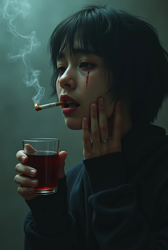 there is a woman smoking a cigarette in a dark room, smoking a cigarette in the rain, raining, soaked, cinematic. by leng jun, in the rain, fanart, awesome and moody, artwork in the style of guweiz, with a straw, rainy mood