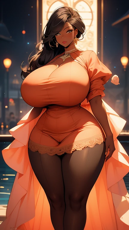Best quality, solo mature woman, enormous breasts, giant ass, very curvy, dark brown skin, very long and thick curly hair, pale orange yellow eyes, full lips, seductive, sexy lingerie, ribbon in hair, heart earring, frilly dressing gown, curvy physique, thick thighs