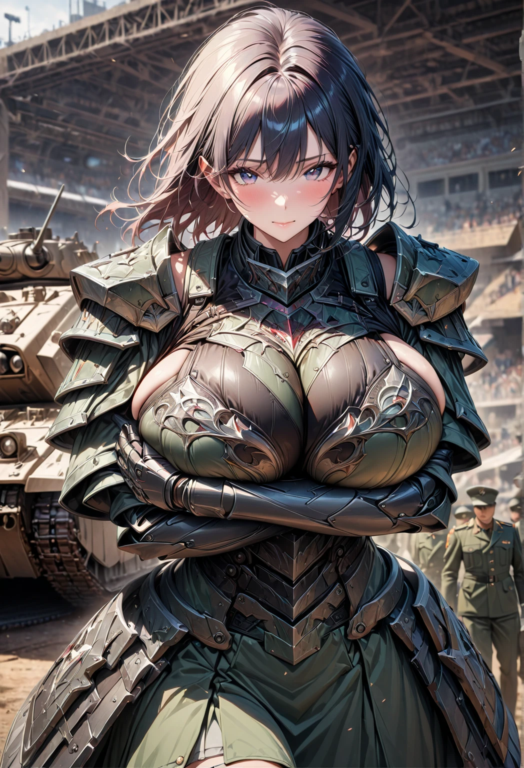 1girl, solo, brown hair, long hair, curly hair, ponytail, large breasts, bikini armor, metal suit, robotic, blue eyes, cleavage 1:3, war, guns, tanks, fire, explosion, aircraft, grin, looking at the viewer, hand on hip, standng, hair ribbon