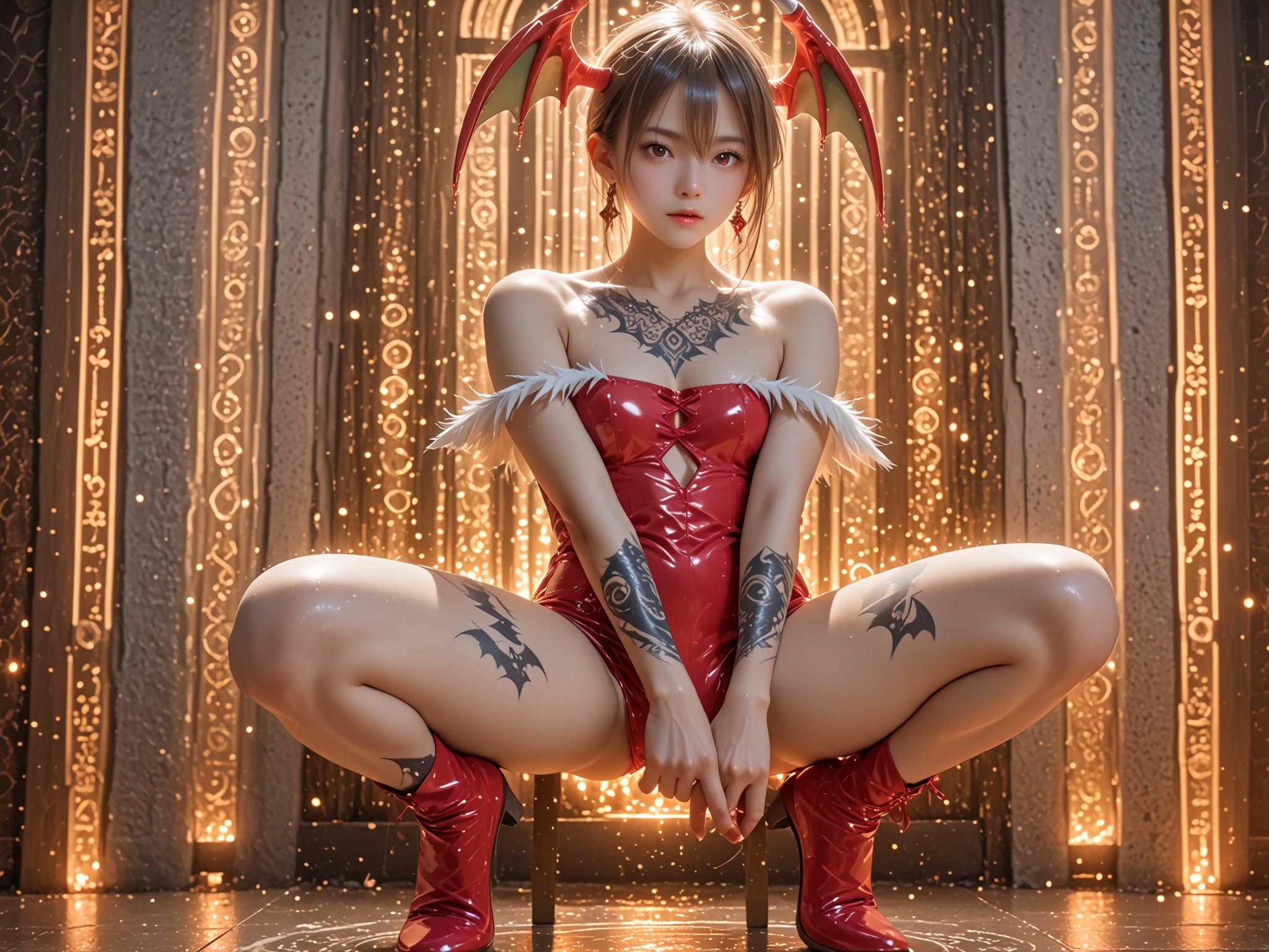 PERFECT MASTERPIECE, EXTREMELY DETAILED CG UNITY 8K UHD QUALITY RESOLUTION WALLPAPER, PHOTOREALISTIC, RAW PHOTO, AWARD-WINNING PORTRAIT, OFFICIAL ART, PROFESSIONAL CINEMATIC LIGHTING, The most beautiful and sexy demon goddess, oni horns, very long beautiful platinum white hair, vibrant red eyes, long detailed eyelashes, blushing, full pouting pink lips, curvy body type, full hips, super huge enormously gigantic nude tits and nipples exposed, cleavage showing, tons of tattoos and piercings, wearing a highly detailed beautiful open hooded open kimono, squatting spreading her legs open arching her back in a sexy seductive slutty pose, looking at the viewer, close up pov camera view from below, sexy seductive slutty facial expression, cherry blossoms blowing in the wind, cosmic atmospheric background