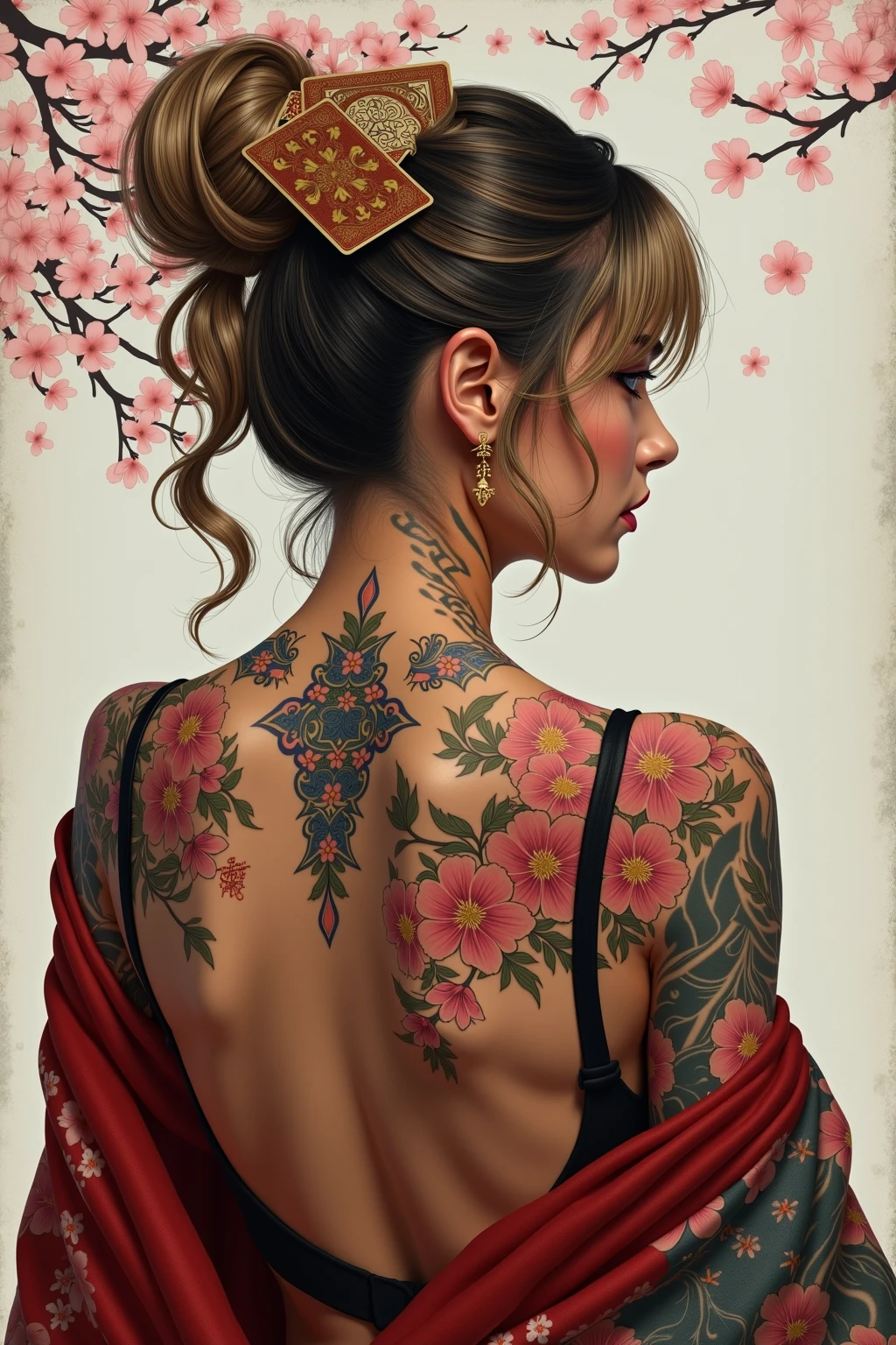 (obra-prima, qualidade superior, melhor qualidade, arte oficial, beautiful and aesthetic: 1.2), 1menina, tatuagem, solo, roupas japonesas, ornamento de cabelo, desembainhamento, cabelo preto, bainha, tatuagem nas costas, olhos azuis, fora do ombro, ombros nus, looking behind, from behind, flor, olhando para o espectador, segurando, maquiagem,
Interior Cool tattoo, maximum detail, magic, protection, warrior, knight, cosmic energy, tree of life, reincarnation, conscious dreams
