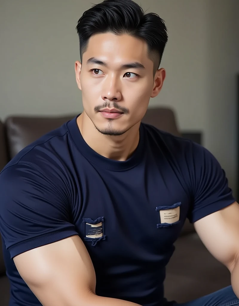 There was a man sitting on the couch，Light blue shirt，Short hair，robust，open shirts，Lu Ji，3 6 years old，is shy，Be red in the face，perspired，Raised sexy